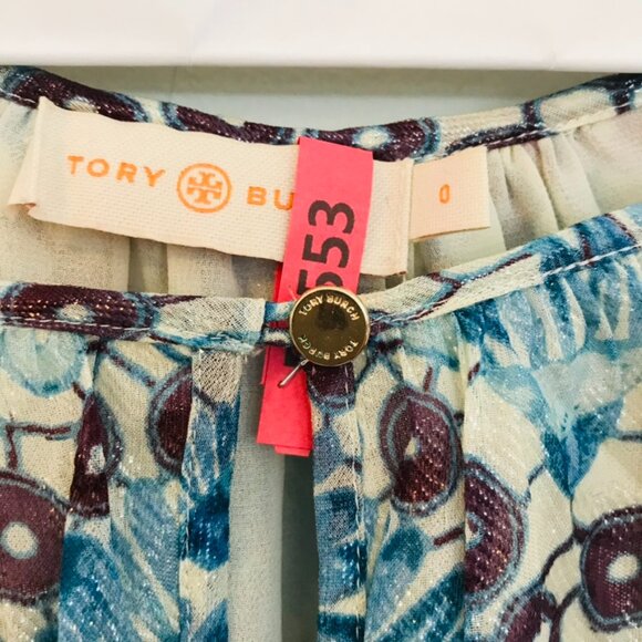 VTG Tory Burch blouse women size 0/S blue/brown long sleeves Boho hippie floral - Picture 3 of 9